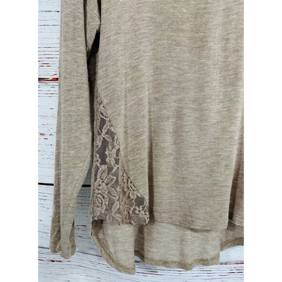 Spoiled Taupe Long Sleeve Top With Lace Accents Lightweight Scoop Neck Womens M - Picture 5 of 11